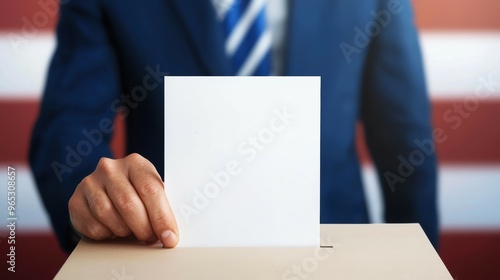 A man in a suit casts his vote, holding a blank ballot in front of an election box with patriotic background.