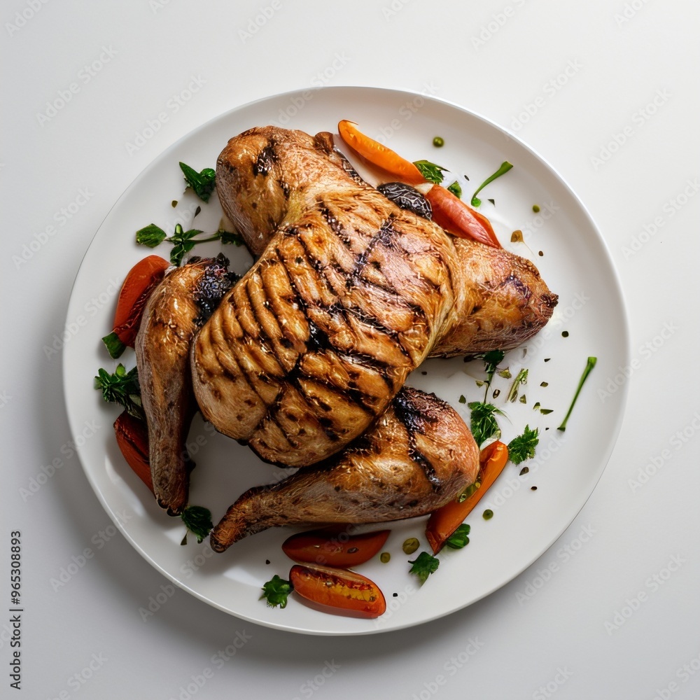 Grilled whole chicken with garnish on white plate.. Grilled whole chicken with garnish on white plate..