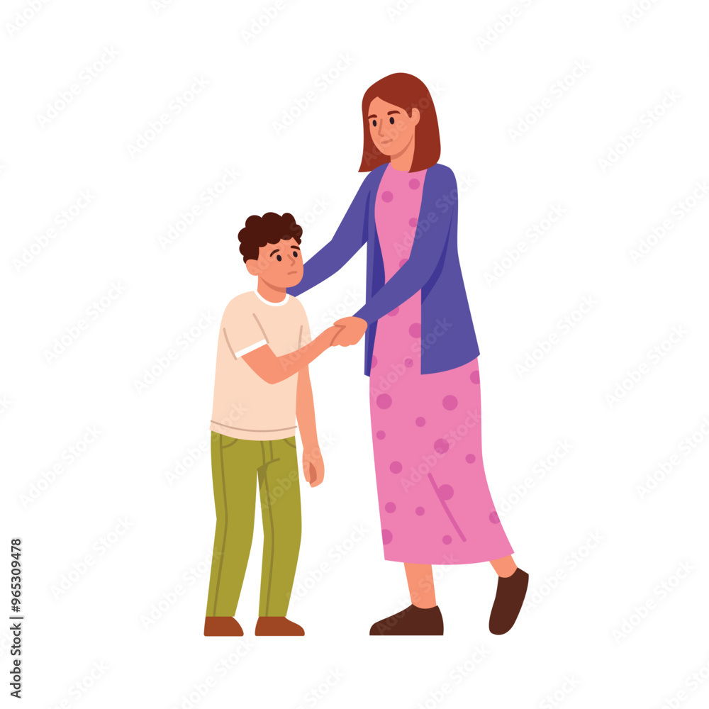 Vector illustration of mother with son.Cartoon scene upset boy dressed in t-shirt and pants gives hand,mother dressed in cardigan and dress hugs son by shoulders isolated on white background. Support. Vector illustration of mother with son.Cartoon scene upset boy dressed in t-shirt and pants gives hand,mother dressed in cardigan and dress hugs son by shoulders isolated on white background. Support.