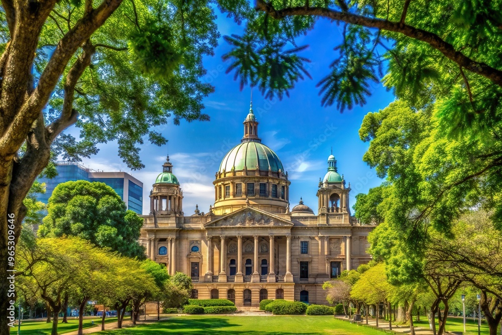 Fototapeta premium Palace of Justice building framed by trees and blue sky, frame, Pretoria, landmark, blue sky, Palace of Justice,architecture, building