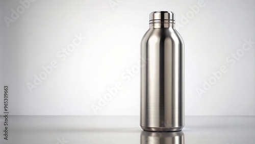 Shiny metallic bottle made of metal with a smooth surface and reflective finish standing upright on a white background, upright, metallic, refreshment, steel, product packaging