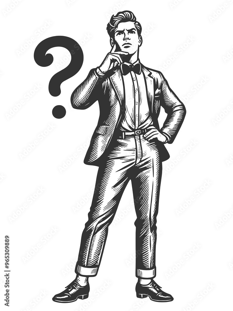 Fototapeta premium man deep in thought, symbolizing confusion or contemplation dilemma sketch engraving generative ai fictional character raster illustration. Scratch board imitation. Black and white image.
