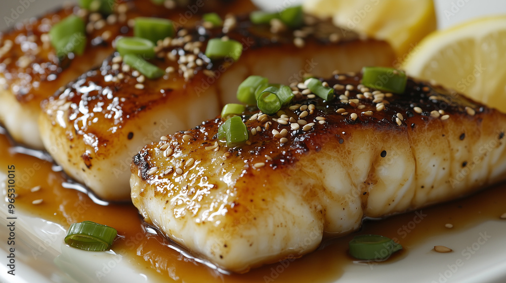 Fried cod fish fillet glazed with miso with ginger and spring onions Fried cod fish fillet glazed with miso with ginger and spring onions