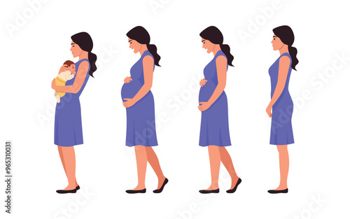 Vector illustration of pregnancy period. Cartoon scene of a beautiful woman with a flat tummy, a growing tummy and holding a baby in her arms isolated on a white background. From conception to birth.