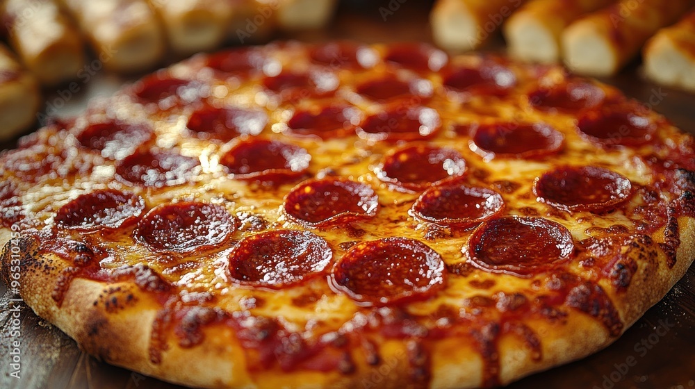 A delicious pepperoni pizza with a golden crust and cheese. A delicious pepperoni pizza with a golden crust and cheese.