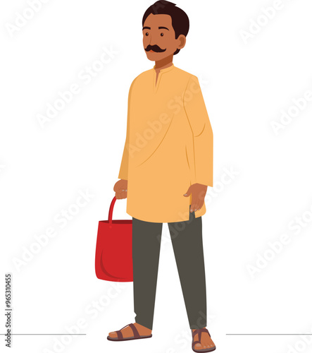 Indian man holding bag in hand, shopping bag in hand
