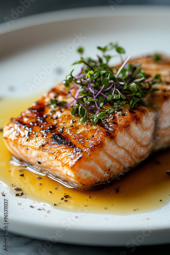 fried salmon with microgreens, delicious healthy food