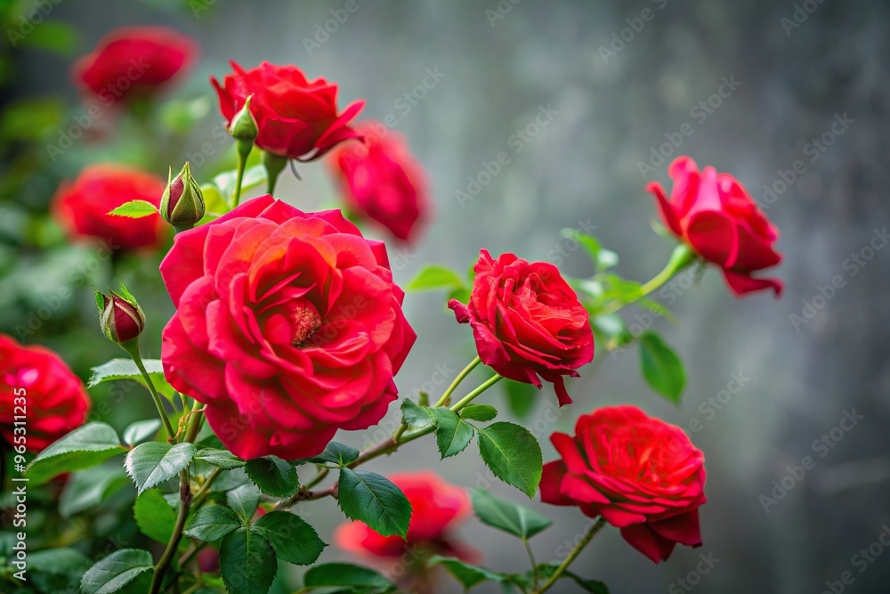 A bright red rose garden bush stands out against a gray green background adorned with toned discolored foliage, background, garden, discolored, beauty, colorful, foliage, gray green A bright red rose garden bush stands out against a gray green background adorned with toned discolored foliage, background, garden, discolored, beauty, colorful, foliage, gray green