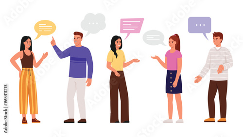 Vector illustration of a conversation between boys and girls.Cartoon scene of dialogue between boy and girl, girls and boy,dressed in t-shirts,pants,skirt isolated on white background. Speech bubbles.