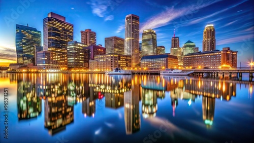 Boston s mesmerizing skyline reflects perfectly in the calm waters of the Downtown Harborwalk at night creating a symmetrical and enchanting scene, Boston, dusk, waterfront