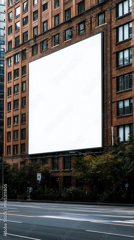 A blank billboard on a brick building, showcasing urban architecture and a city backdrop, perfect for advertising or marketing use. A blank billboard on a brick building, showcasing urban architecture and a city backdrop, perfect for advertising or marketing use.