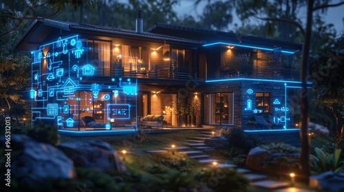 Modern dark house interior showcasing advanced smart home technology in a contemporary setting