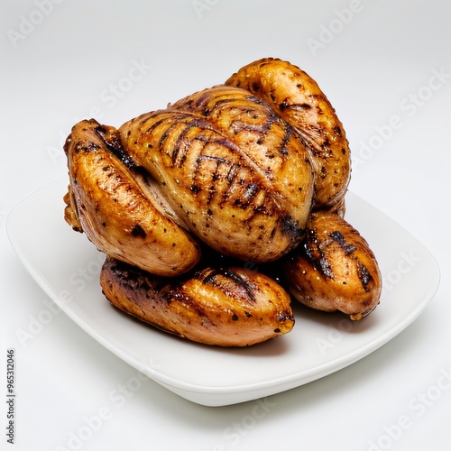 Grilled whole chicken with garnish on white plate..