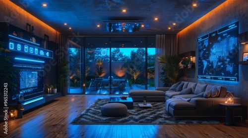 Modern dark house interior featuring a digital smart home at dusk with ambient lighting effects