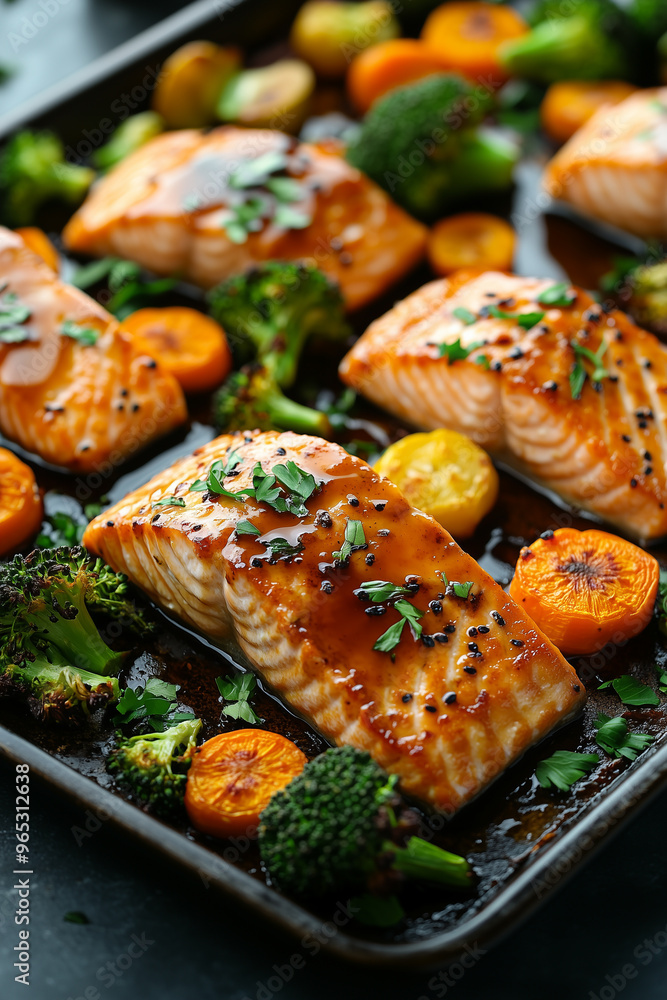 a baking tray with teriyaki salmon and oven-baked vegetables such as carrots and broccoli, healthy food with lots of omega 3, deliciously grilled fish a baking tray with teriyaki salmon and oven-baked vegetables such as carrots and broccoli, healthy food with lots of omega 3, deliciously grilled fish