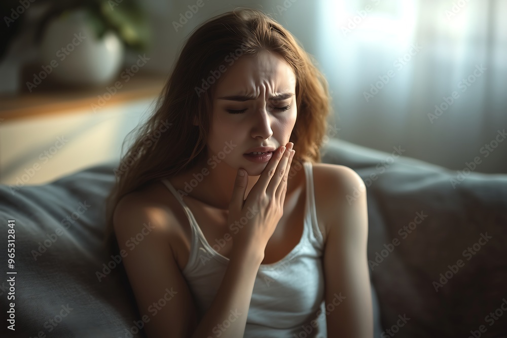 Young Woman in Pain Holding Jaw, Indicating Toothache Young Woman in Pain Holding Jaw, Indicating Toothache
