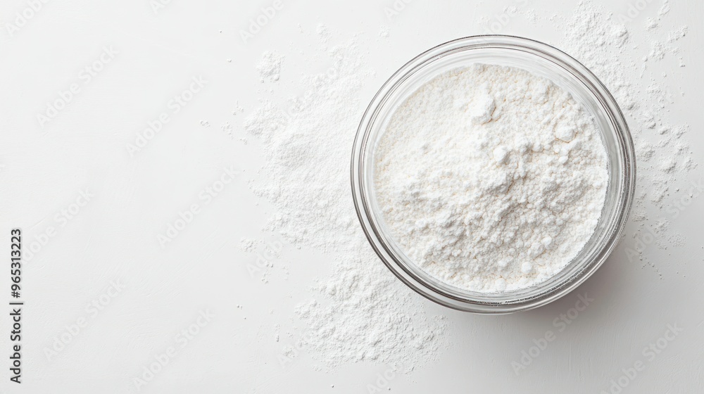 A Glass Bowl Filled with White Powdered Flour on a White Background A Glass Bowl Filled with White Powdered Flour on a White Background