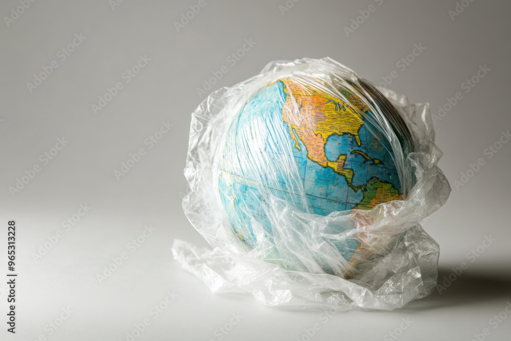 Globe wrapped in plastic representing environmental pollution and climate change impact on the planet with copy space Globe wrapped in plastic representing environmental pollution and climate change impact on the planet with copy space