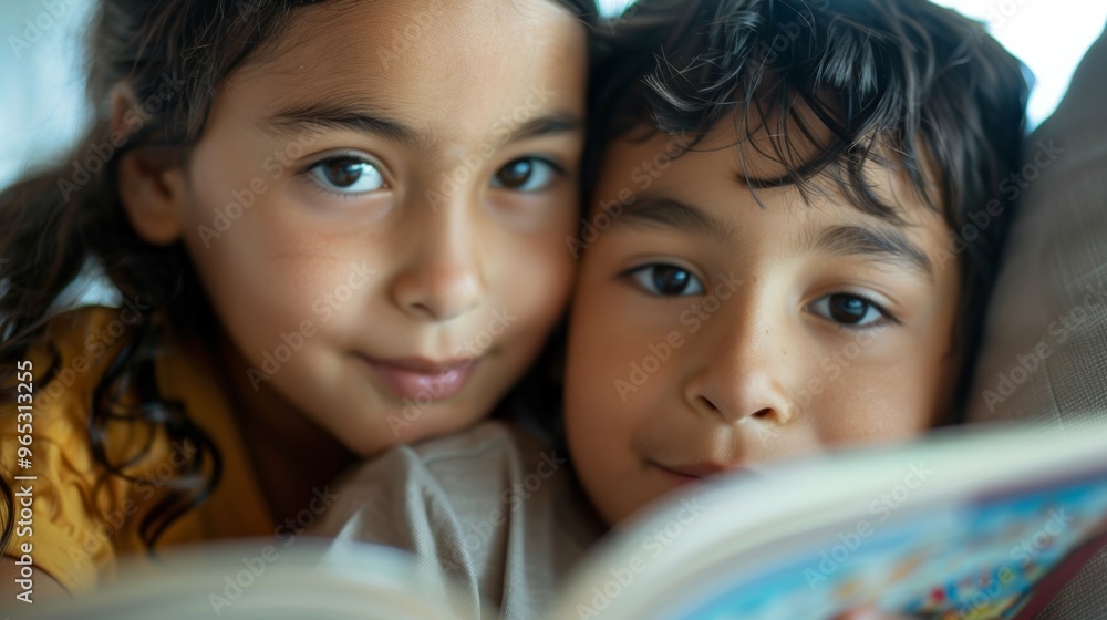 Siblings are deep in concentration as they read a book in the warm glow of sunlight. Siblings are deep in concentration as they read a book in the warm glow of sunlight.