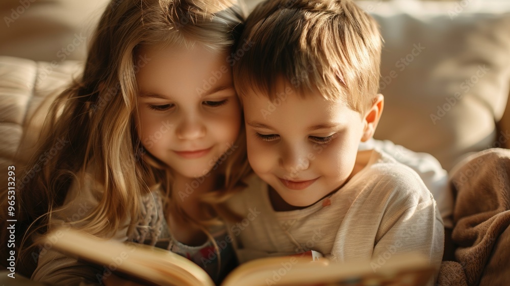 A sister lovingly guides her younger brother through the pages of a beloved book. A sister lovingly guides her younger brother through the pages of a beloved book.