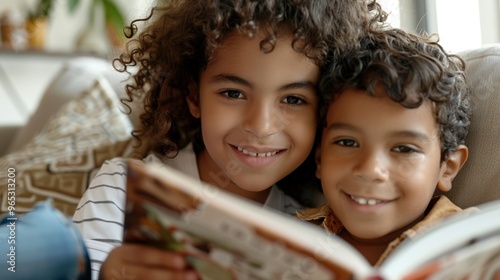 A cozy afternoon spent with a sister and brother reading their favorite book together.