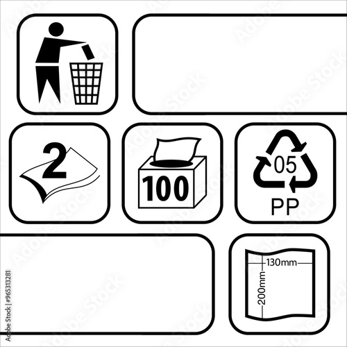 Napkin and Product Specification Icons Set: Waste Disposal, PP Plastic, Paper Layers, Dimensions, and Tissue Quantity