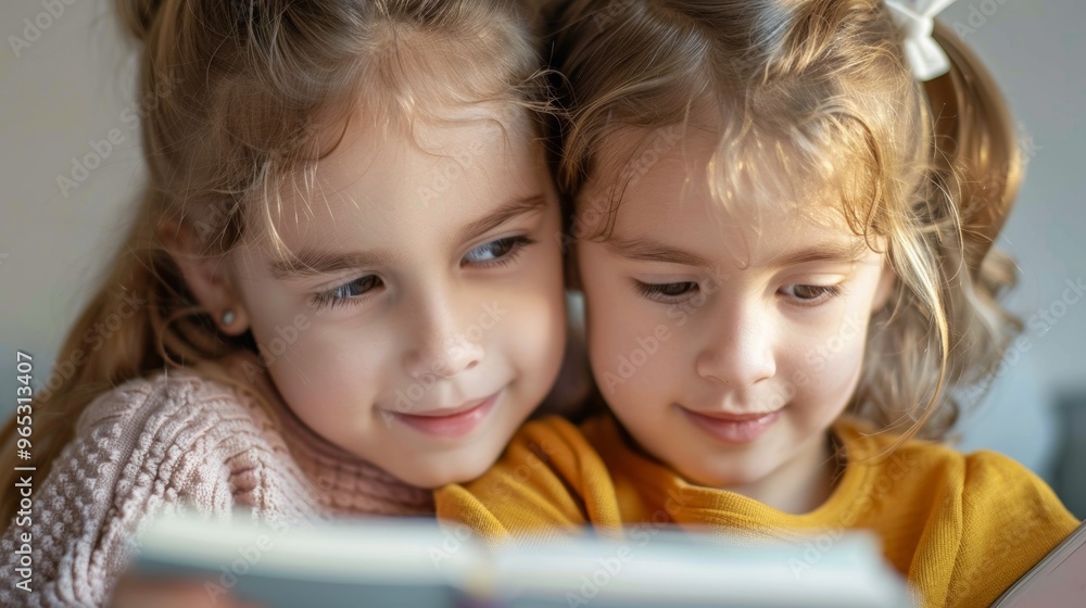 Siblings are nestled together, fully absorbed in a beloved book. Siblings are nestled together, fully absorbed in a beloved book.