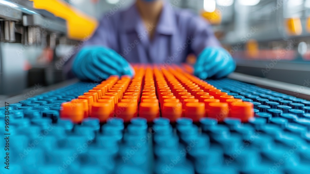 Fototapeta premium Advanced Factory Assembly Line Producing Plastic Products in High Detail 8K Resolution with Copy Space for Text