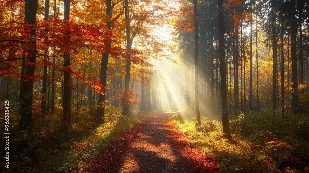 Fototapeta premium Serene forest pathway in autumn, with vibrant leaves in red, orange,