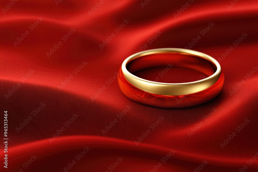 Elegant gold ring on red satin fabric Elegant gold ring on red satin fabric