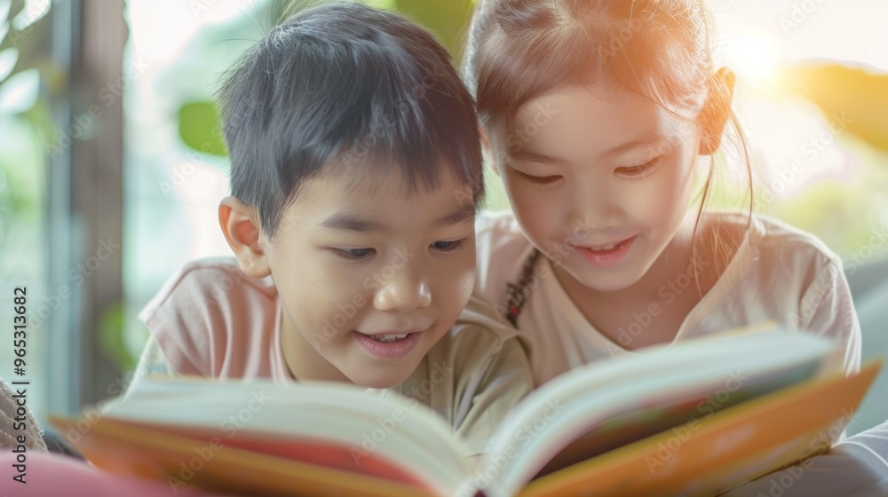 A sister gently helps her brother with reading as they sit close together on the couch. A sister gently helps her brother with reading as they sit close together on the couch.