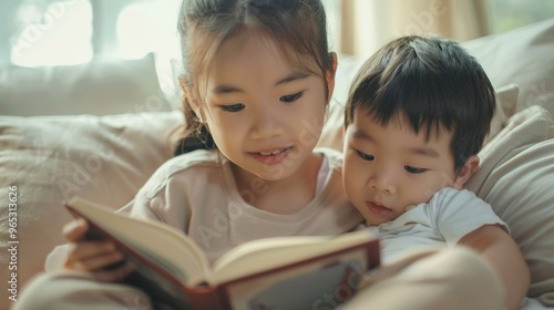 The brother and sister are smiling as they read a funny story in their cozy home.