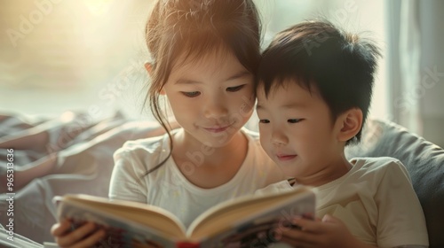 The brother and sister are smiling as they read a funny story in their cozy home.