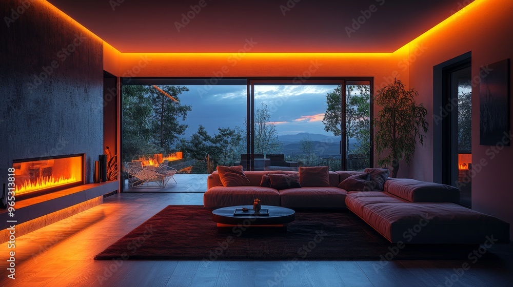 Smart home energy management system in a modern living room with sunset views Smart home energy management system in a modern living room with sunset views