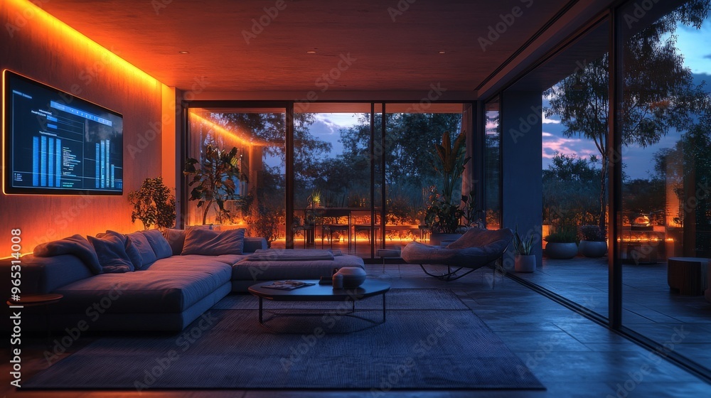 Naklejka premium Smart home energy management system in a modern living room at dusk
