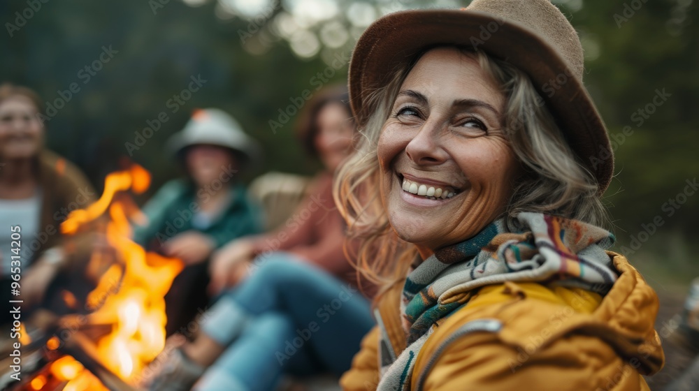 A group of close friends is basking in the warmth of a campfire, surrounded by autumn leaves. A group of close friends is basking in the warmth of a campfire, surrounded by autumn leaves.