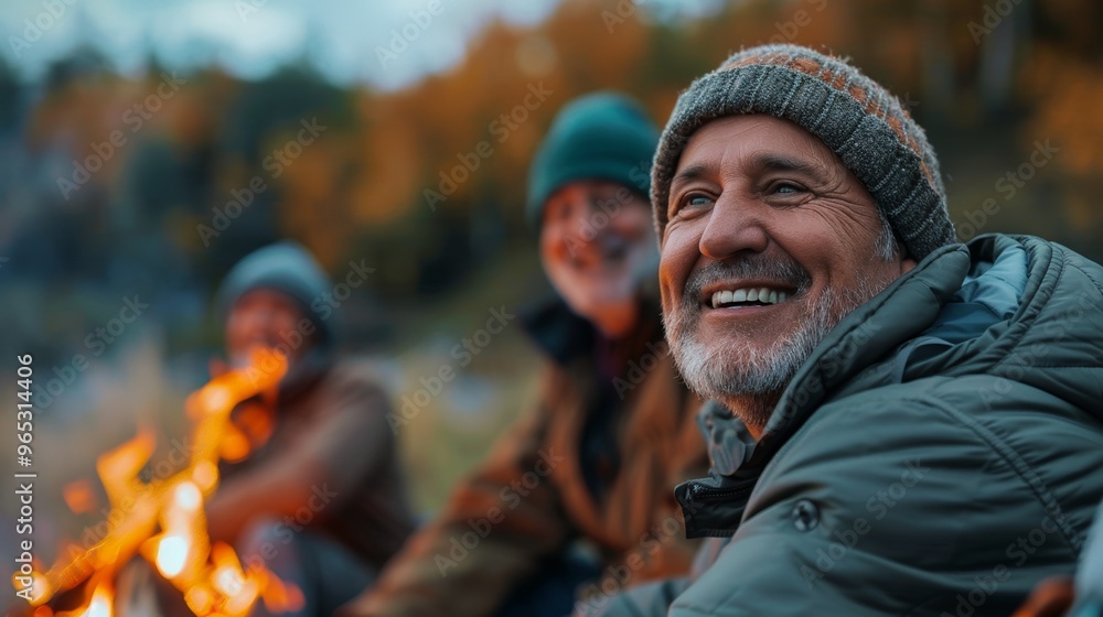 Fototapeta premium Middle-aged friends are wrapped in cozy blankets, savoring a campfire experience amidst the autumn leaves.