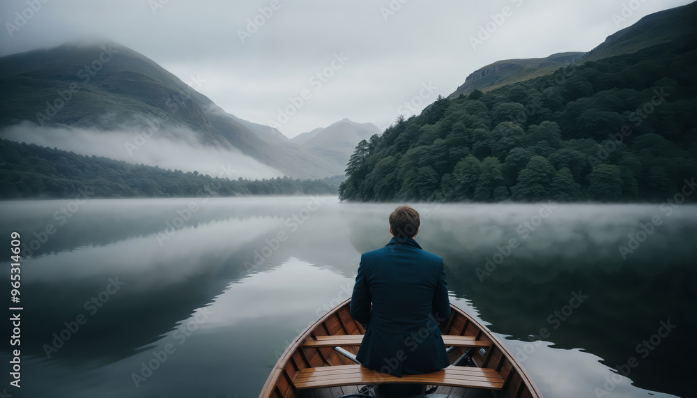 A lonely man sitting in a boat in the middle of the lake A lonely man sitting in a boat in the middle of the lake