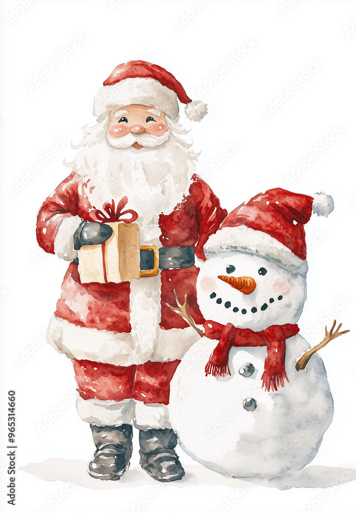 Santa Claus and Snowman Christimas Watercolor Illustration, Christmas Greeting Card Illustration Santa Claus and Snowman Christimas Watercolor Illustration, Christmas Greeting Card Illustration