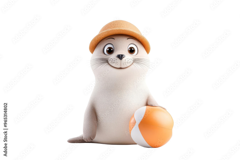 Fototapeta premium A cheerful cartoon seal wearing a hat, holding a beach ball, perfect for summer-themed s and children's content.