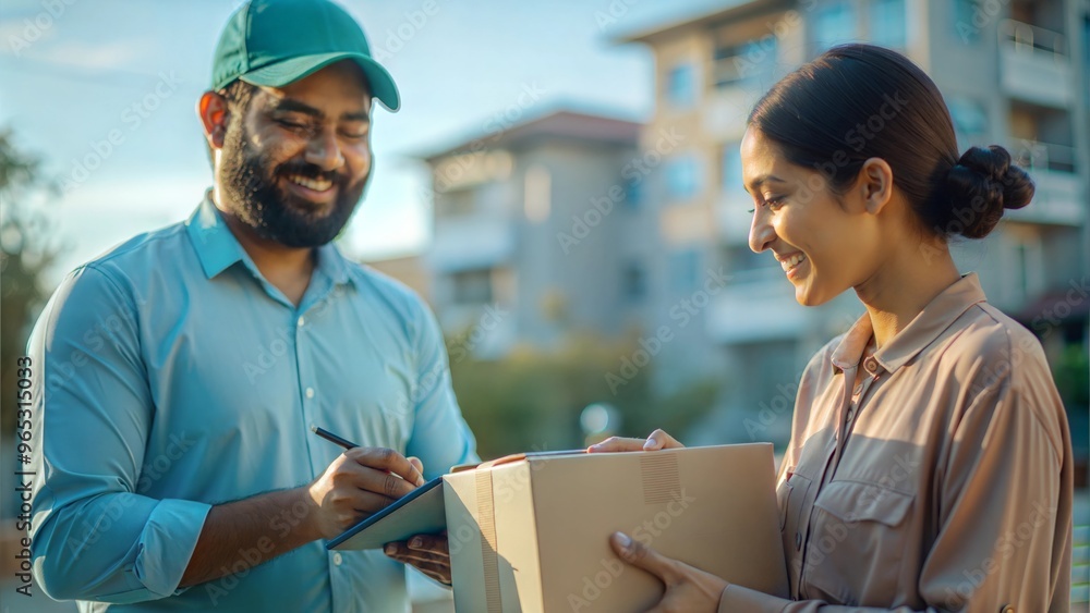 Obraz premium An Indian delivery person obtaining a signature confirmation from a customer, highlighting secure delivery practices.