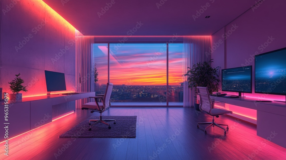 Modern smart home office showcasing holographic collaboration with a vibrant sunset view Modern smart home office showcasing holographic collaboration with a vibrant sunset view