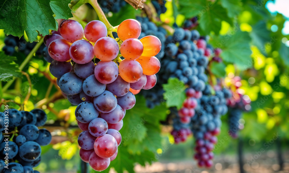 Ripe grapes Hanging on tree with vineyard background. Ripe grapes Hanging on tree with vineyard background.