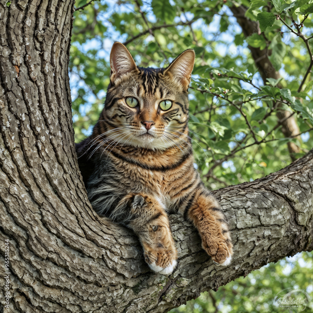 A cute and playful cat resting on a tree trunk A cute and playful cat resting on a tree trunk