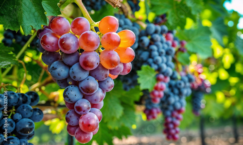 Ripe grapes Hanging on tree with vineyard background.