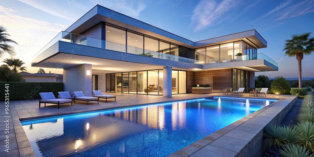 Obraz premium A stunning contemporary luxury villa with a blue pool is depicted in this medium shot, property, modern, swimming pool, serene, architecture, design, contemporary, tranquility