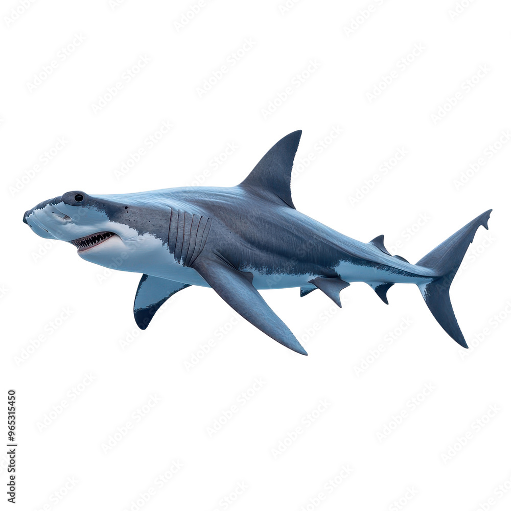 Fototapeta premium A detailed of a great white shark swimming gracefully in ocean waters, showcasing its powerful body and sharp teeth.