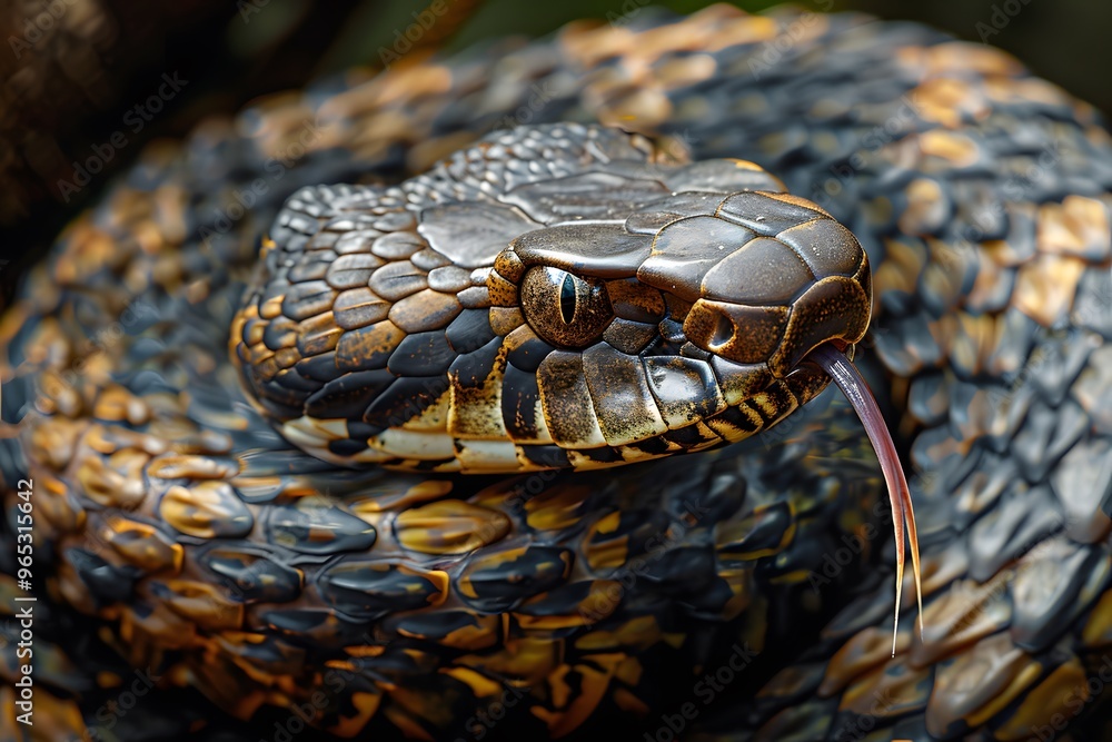 A detailed view of a venomous snake with its forked tongue sticking out. A detailed view of a venomous snake with its forked tongue sticking out.
