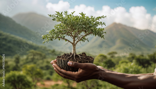 Wallpaper Mural Growing a tree in the hands of an african man with nature background Torontodigital.ca
