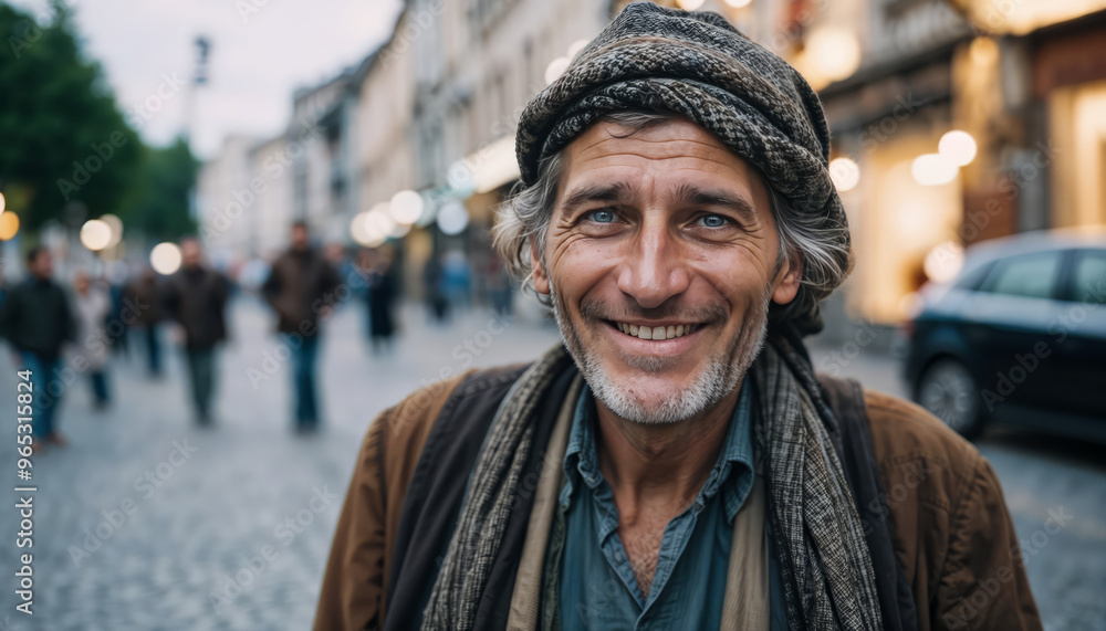 A smiling and happy beggar in old clothes on the city street A smiling and happy beggar in old clothes on the city street